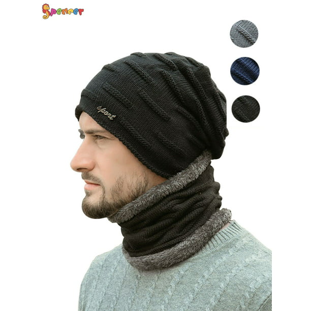Unisex Knitted Beanie Hat & Collar Scarf Set Warm Plush Winter Hats 